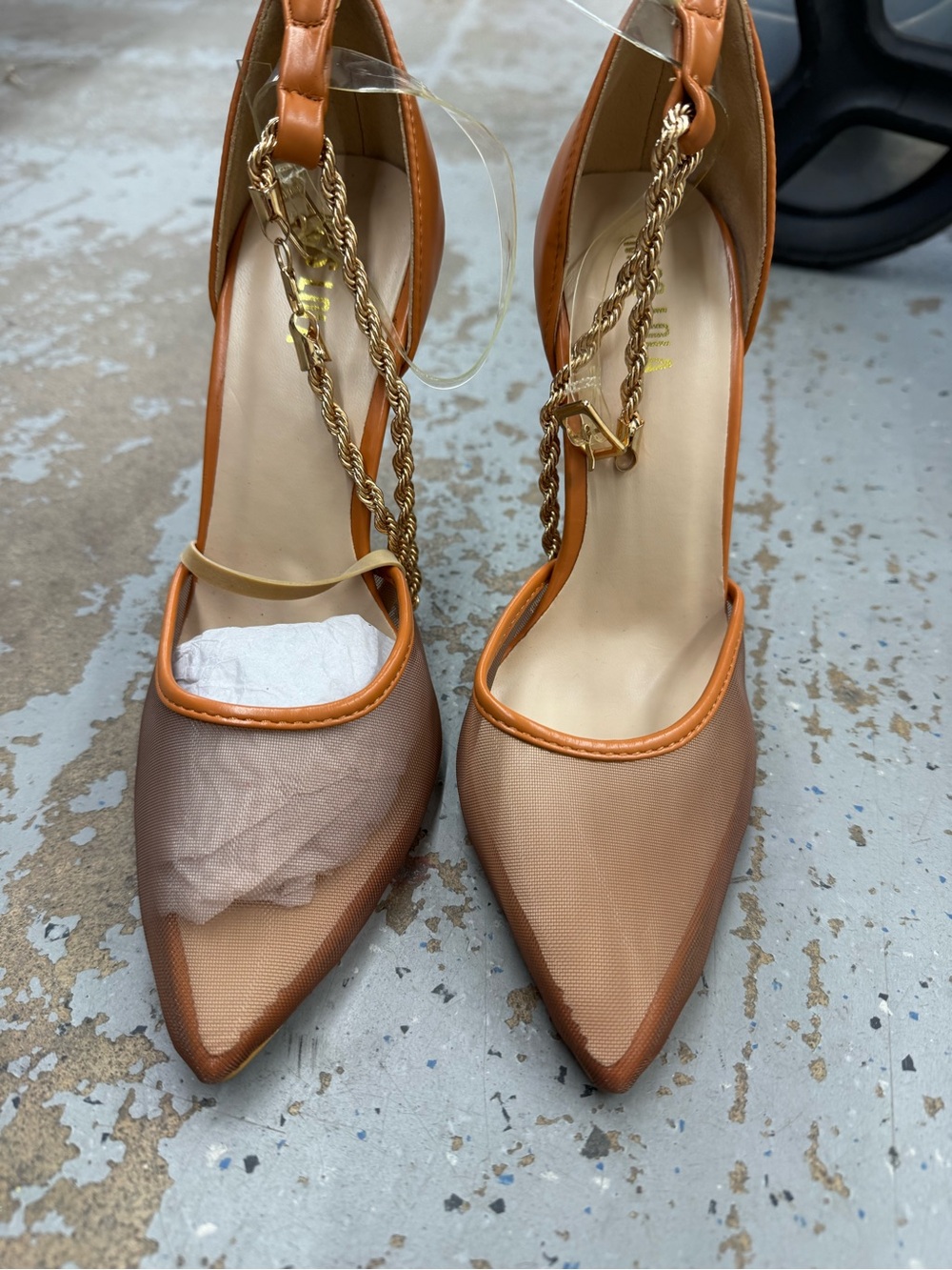 Miss Lola Tan Pointed Toe Mesh Pumps with Gold Chain Ankle Strap